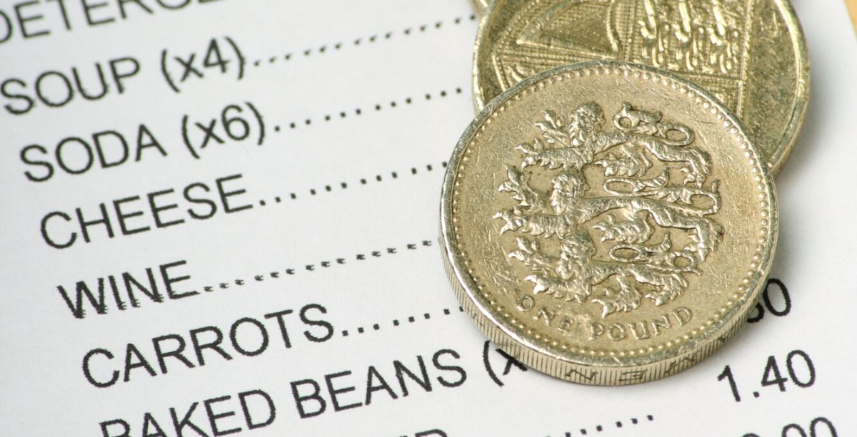 Food shopping receipt with pound coin on top