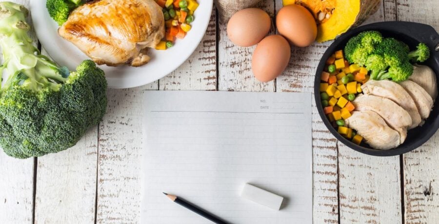 Food on plates around a notepad ready to meal plan