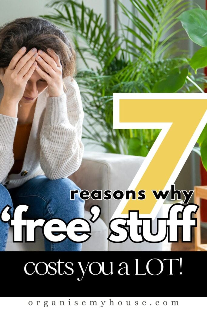 7 Reasons why “free stuff" could actually cost you the most. 6 Lady with head in hands sitting on sofa - with blog post title overlaid