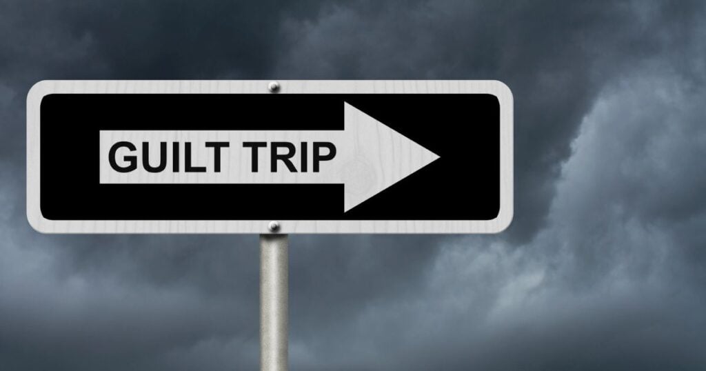 7 Reasons why “free stuff" could actually cost you the most. 5 road sign saying 'guilt trip' with an arrow to the right