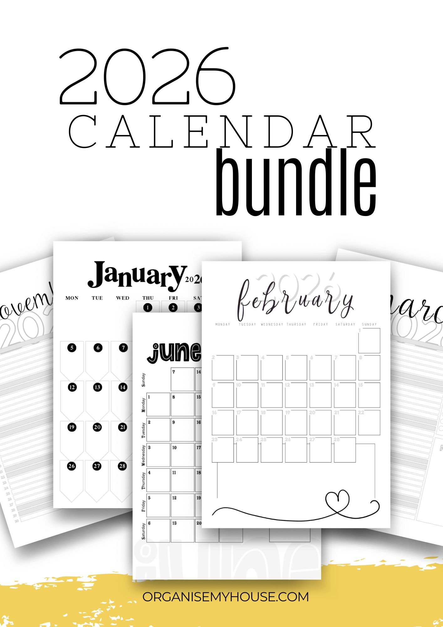 PRODUCT – The 2026 Calendar Bundle - 5 Month By Month Designs 3 2026 Calendar Bundle - all 5 designs shown