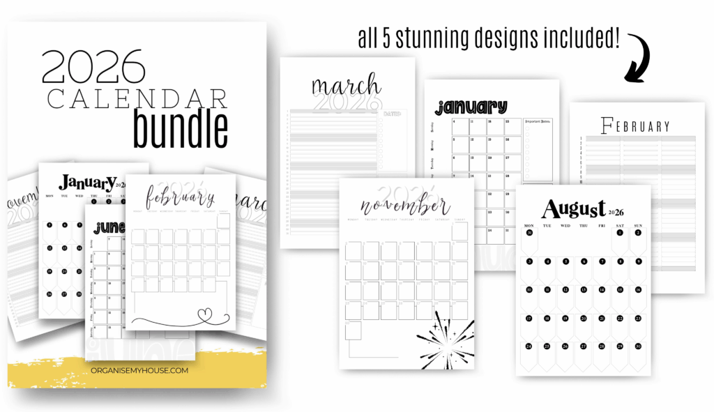 PRODUCT – The 2026 Calendar Bundle - 5 Month By Month Designs 2 2026 Calendar Bundle - all 5 designs shown