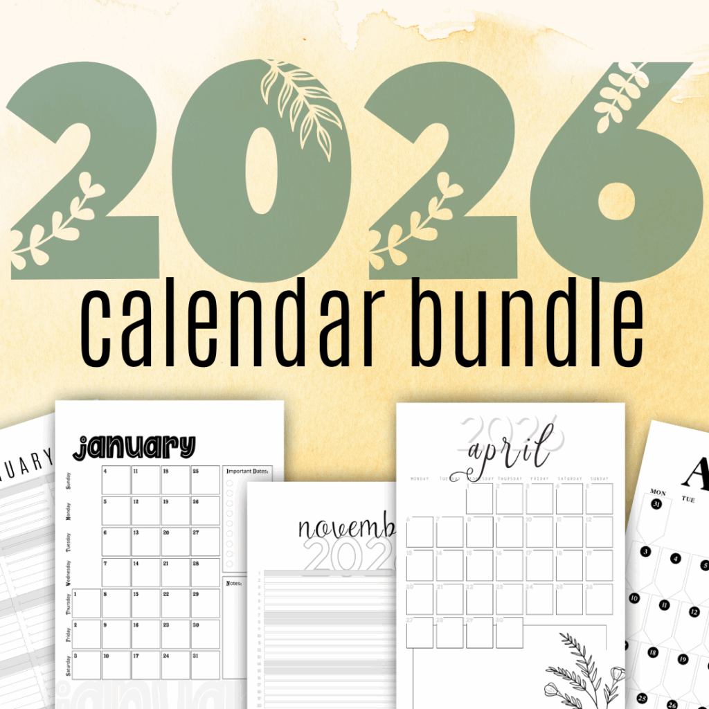 PRODUCT – The 2026 Calendar Bundle - 5 Month By Month Designs 1 Pages from the picture grid style 2026 Printable Calendar