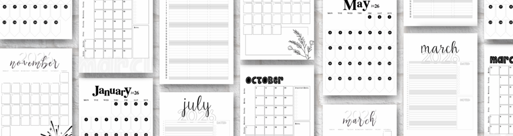 PRODUCT – The 2026 Calendar Bundle - 5 Month By Month Designs 4 Different pages from the 5 designs of the 2026 Calendar printable bundle