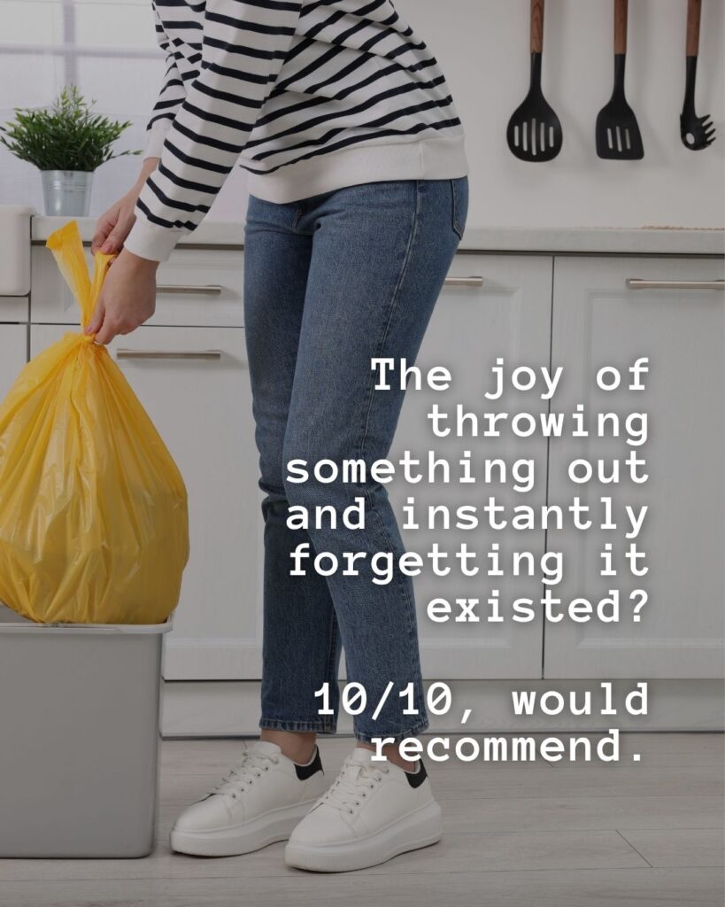 54 Funny Sayings About Clutter (That’ll Make You Feel Better About Yours) 28 The joy of throwing something out and instantly forgetting it existed? 10/10, would recommend