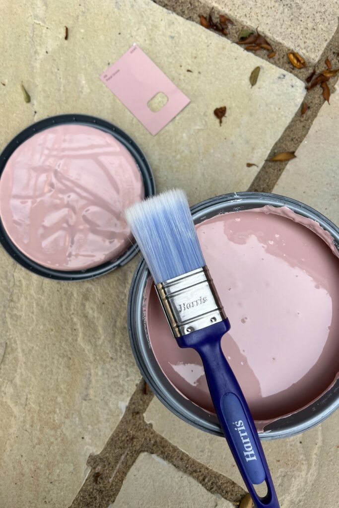 5 Budget-Friendly Steps to Creating a Spring Garden Space You'll Love 4 Open tin of pink paint with brush on, ready to start painting