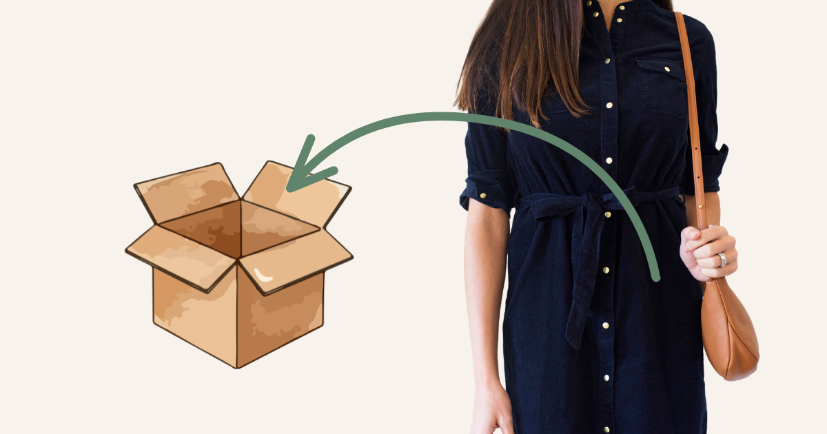 Lady with a handbag over her shoulder with arrow coming out of it and going into a cardboard box on the side to signify decluttering