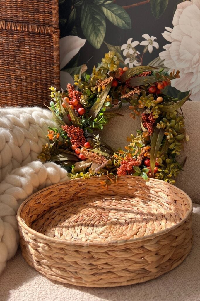 Boo Basket tray with Autumn wreath in background