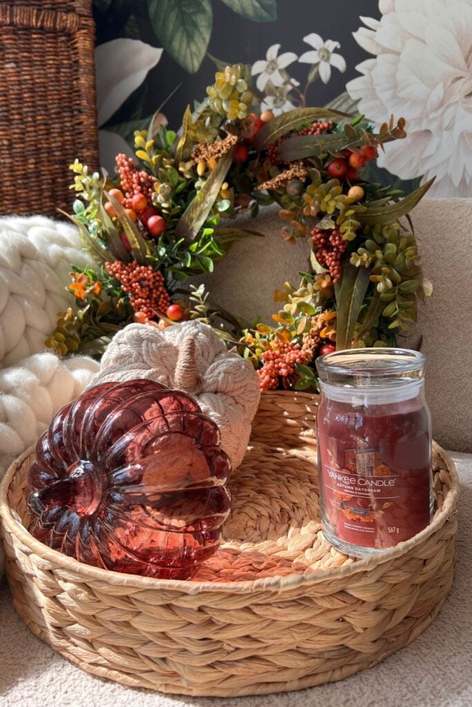Boo basket tray with pumpkins and a jar candle in