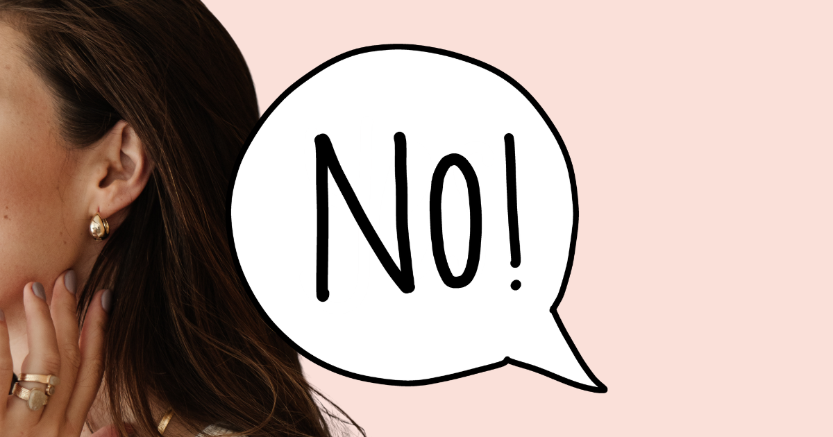 Lady looking to the side with a speech bubble beside he with the word No! in it