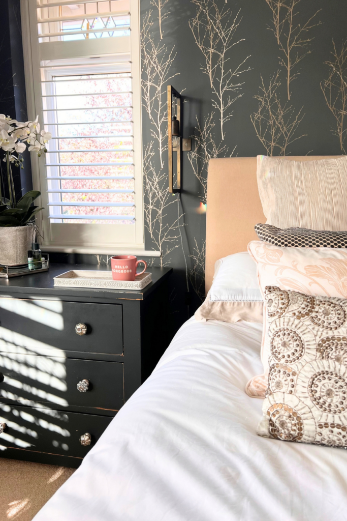 3 Simple Habits To Make Mornings Easier Every Day 4 Bed and bedside table with morning coffee ready to drink.
